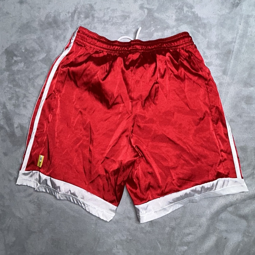 Adidas Shorts Mens L Red Dazzle Basketball 3 Stripe 8 Inch Gym Shiny - Picture 2 of 9